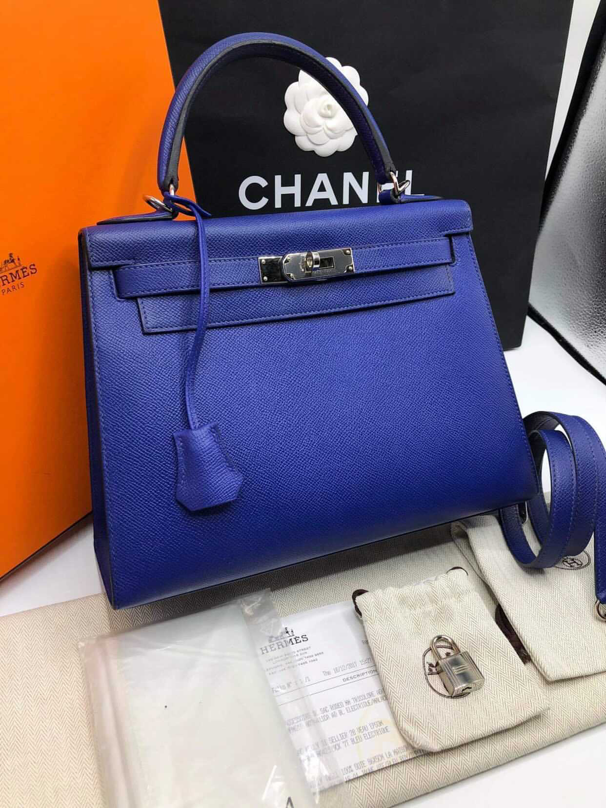 New Hermès Kelly 28 sellier handbag strap in Prussian blue Epsom leather,  GHW at 1stDibs
